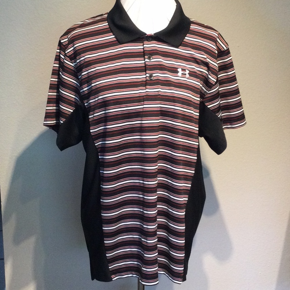 - Under armour men’s polo striped with black bands on sides size XL